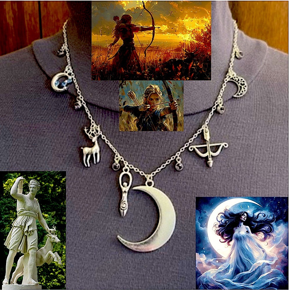 Artemis Diana Greek Roman Goddess of Moon & Hunt Handmade Necklace, Rhinestones